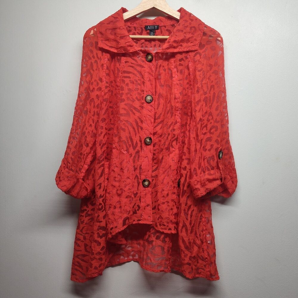 Alli Y  Burnout Jacket Women M Red Sheer Leopard Animal Print Maximalist Y2K
